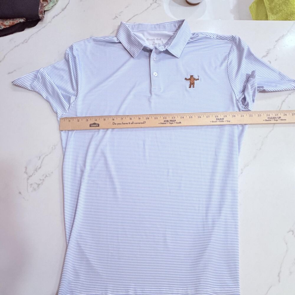 Grizzly Golf Polo Shirt Mens Large Blue White Stripe Performance Bear preppy - Picture 5 of 8